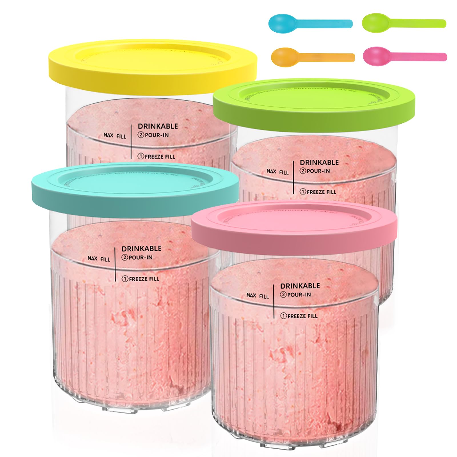 Hejo 4 Pcs Ice Cream Tubs for Ninja CREAMi Deluxe NC500 NC501 UK Series, 24 oz Pint Containers with Lid for Ninja Ice Cream Accessory Includes 4 Spoons