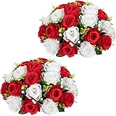 Briful Fake Floral Balls for Centerpieces - 2PCS 11.8" Large Faux Rose Flower Arrangement Silk Flower Bouquet for Home Wedding Party Anniversary Table Vase Flower Stand Decor(Red White)