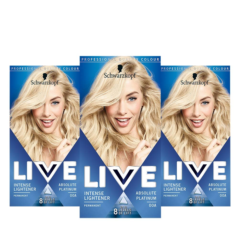 Schwarzkopf Live Intense Blonde Lightener, 3-Pack Permanent Colour with Anti-Yellowing, 00A Absolute Platinum