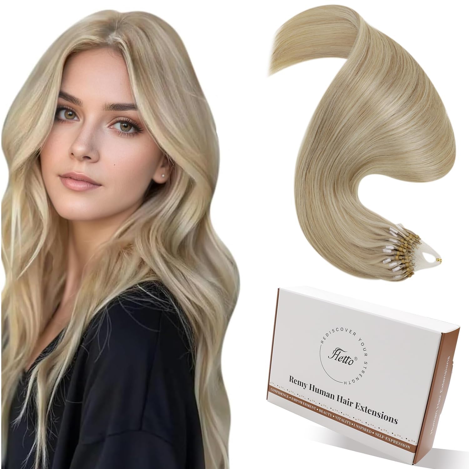 Hetto Micro Beads Hair Extensions Real Human Hair Blonde 18 Inch - Straight Micro Loop Remy Hair, No Pulling Lightweight Prebonded Extension for Sensitive Scalp 50g 50strands #17/23