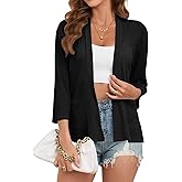 Poplab Womens Summer Loose Fit Lightweight Cardigan 3/4 Sleeve Open Front Sheer Cover Ups Hight Low Hem with Pockets