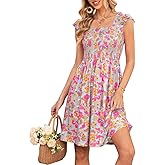 Naggoo Womens Summer Sundresses Sleeveless Square Neck Dress Ruffled Floral Smocked Dress A-line Boho Beach Dresses