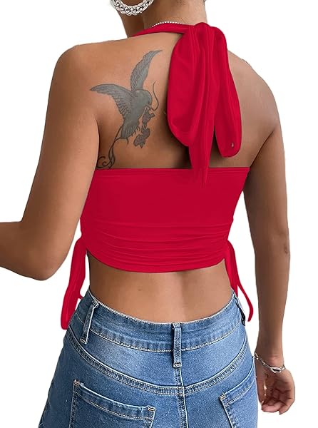 REMIDOO WOMEN’S SLEEVELESS HALTER CROP TOP TIE BACK DRAWSTRING SIDE CAMI TOPS RED SMALL