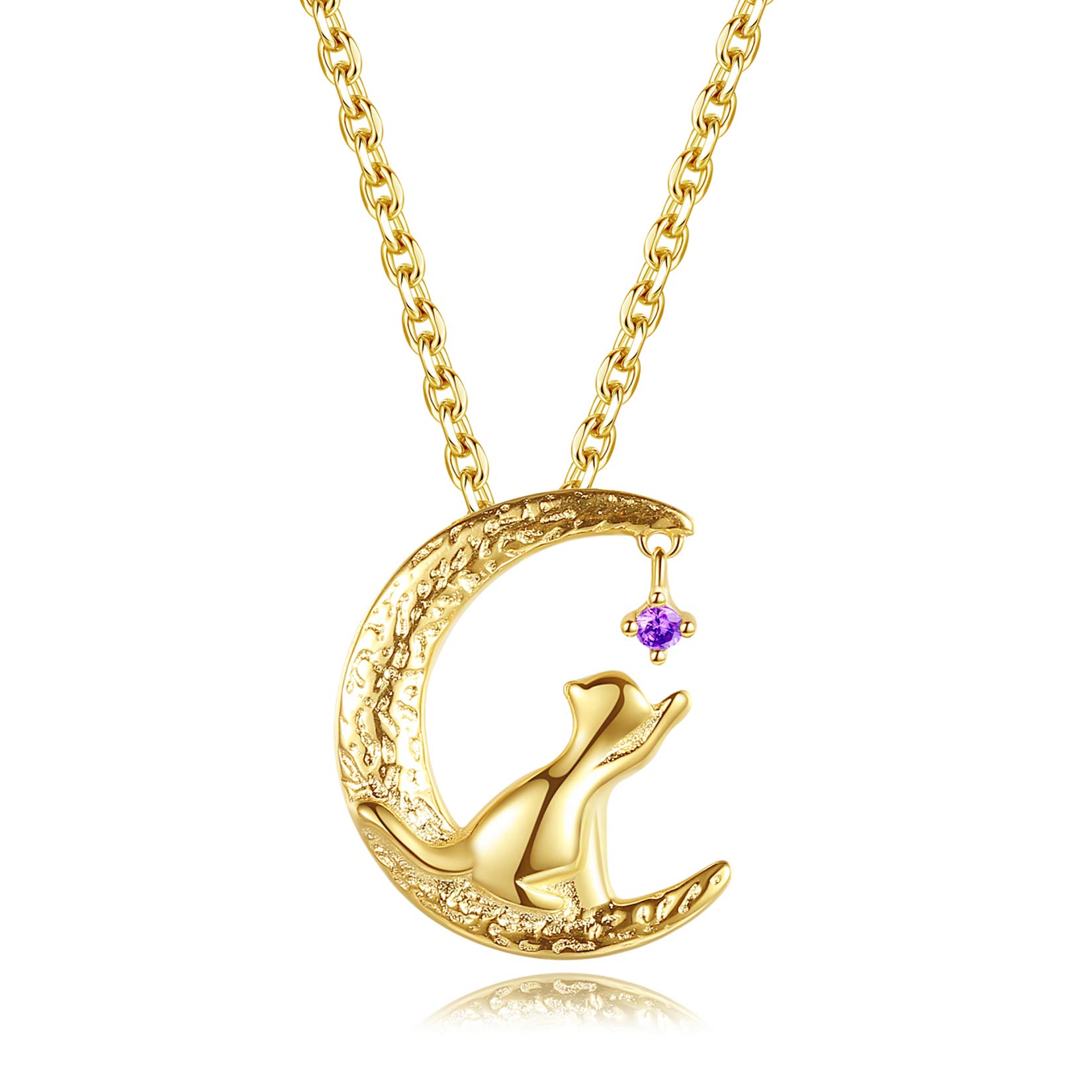 VIKI LYNN Women Girls 18K Gold Plated Sterling Silver Moon Cat Necklace