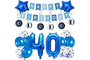 Pargleev 40th Birthday Party Decorations for Men Women in Blue Comprise Balloons with Swirl Decorations, A Happy Birthday Banner, A Set of 16-Inch "40" Numbers and Star Foil Balloons in Blue.