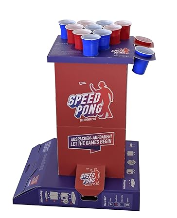 Speedpong Komplettset - Beer Pong 2 Go inkl. 12 Red & Blue Cups, Spielsäule und Bier Pong Bälle