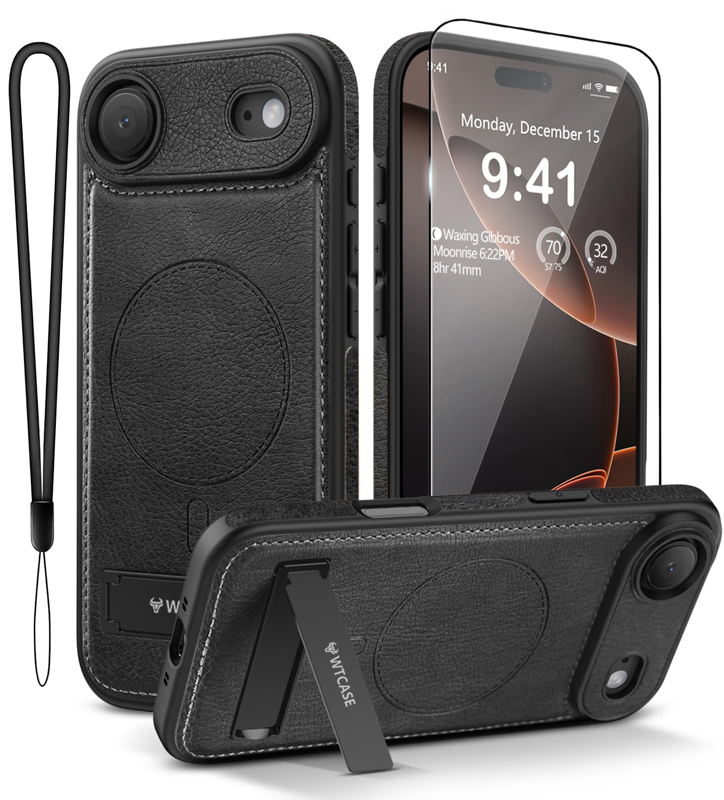 WTCASE Magnetic for iPhone Air Leather Case,Built-in Invisible Stand [Compatible with Magsafe] Protective Slim Kickstand Phone Cover for iPhone Air Case, Black