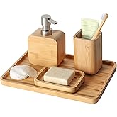 Asashizen 4Pcs Handmade Bamboo Sink & Bathroom Accessories Set Retro Set, Natural, Soap Dish Holder for Shower, Lotion Soap Dispenser, Mouthwash Cup, Rinse Cup, Organiser Tray for Hotel, House, Office