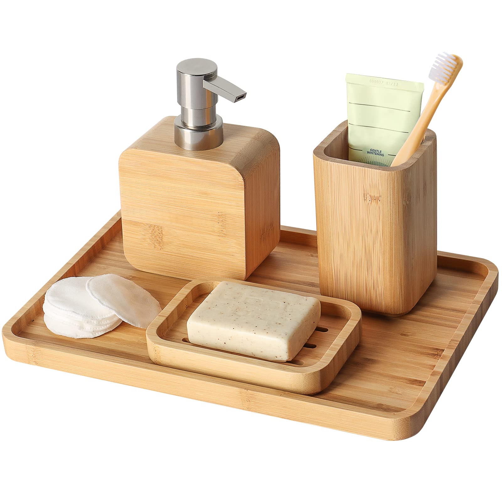 Asashizen 4Pcs Handmade Bamboo Sink & Bathroom Accessory Sets Retro Set, Natural, Soap Dish Holder for Shower, Lotion Soap Dispenser, Mouthwash Cup, Rinse Cup, Organiser Tray for Hotel, House, Office