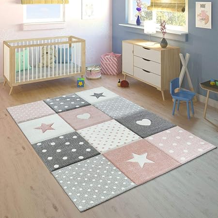 Paco Home Tapis Enfant Couleurs Pastel à Carreaux Points Coeurs étoiles Blanc Gris Rose Dimension140x200 Cm