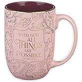 Christian Art Gifts Large Novelty Inspirational Ceramic Coffee & Tea Mug for Women: With God All Things are Possible Encouraging Scripture, Non-toxic, Lead & Cadmium-free, Pink, 15 oz.
