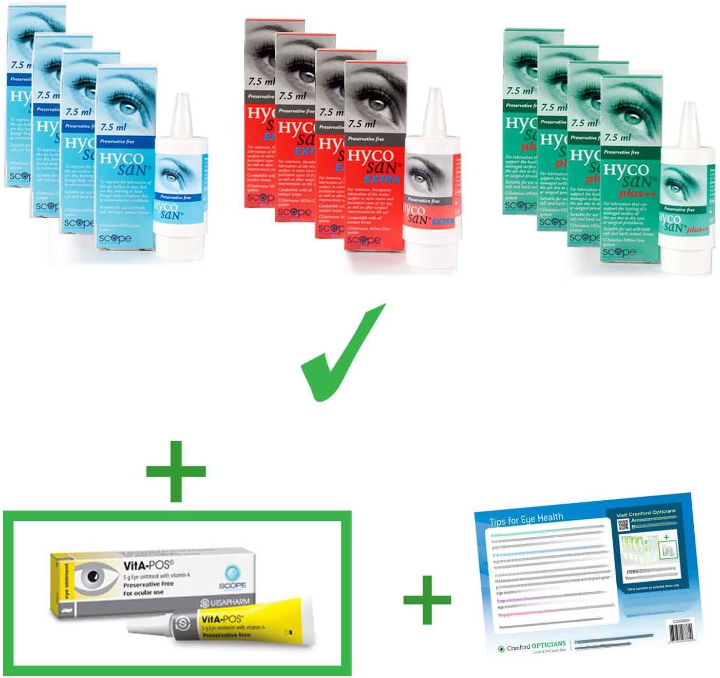 Hycosan 4 Pack (4x 7.5ml) + 1x FREE VitAPos 5g Choose Eye Drops