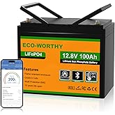 ECO-WORTHY 12V 100AH LiFePO4 Lithium Battery with Bluetooth, Low Temperature Protection, Max.1280Wh Energy, Group 24, Built-i