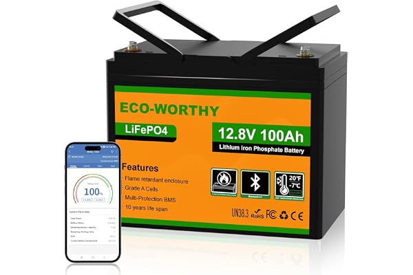 ECO-WORTHY 12V 100AH LiFePO4 Lithium Battery with Bluetooth, Low Temperature Protection, Group 24, Built-in 100A BMS, Up to 1