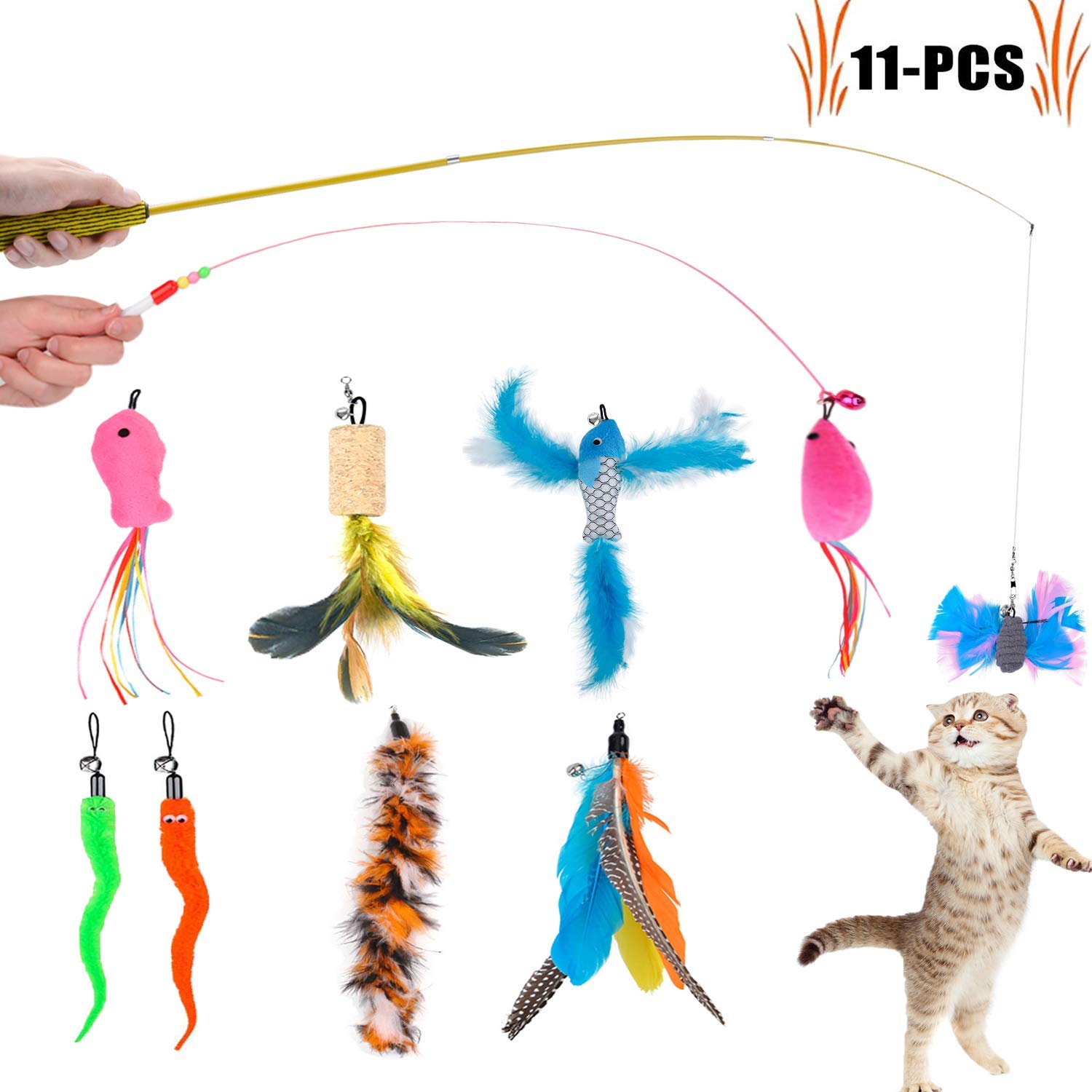 Legendog Cat Teaser Wand, Cat Wand Toy With Natural 9 Assorted Feather Teaser With Bell Refills, Interactive Cat Feather Toys For Kitten, Fun Exerciser Playing Feather Cat Toys