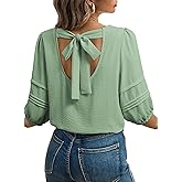 Dokotoo Blouses for Women Dressy Casual Crewneck 3/4 Length Sleeve Womens Tops Loose Business Work Shirts