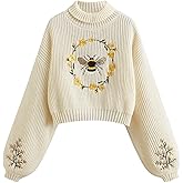 BEAUDRM Women's Floral Embroidered Drop Shoulder Crop Sweaters Long Sleeve Turtleneck Knit Pullover