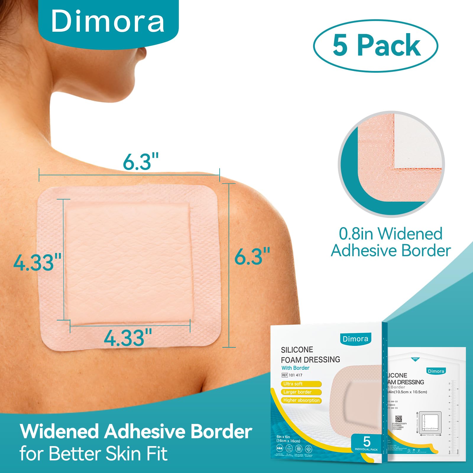 Dimora Utra Soft Silicone Foam Dressing 6X6(5 Count), Super Absorbent Large Bandage for Wound with Widened Border, Adhesive Foam Wdound Dressing for Bed Sores, Ulcer, Surgical Wound