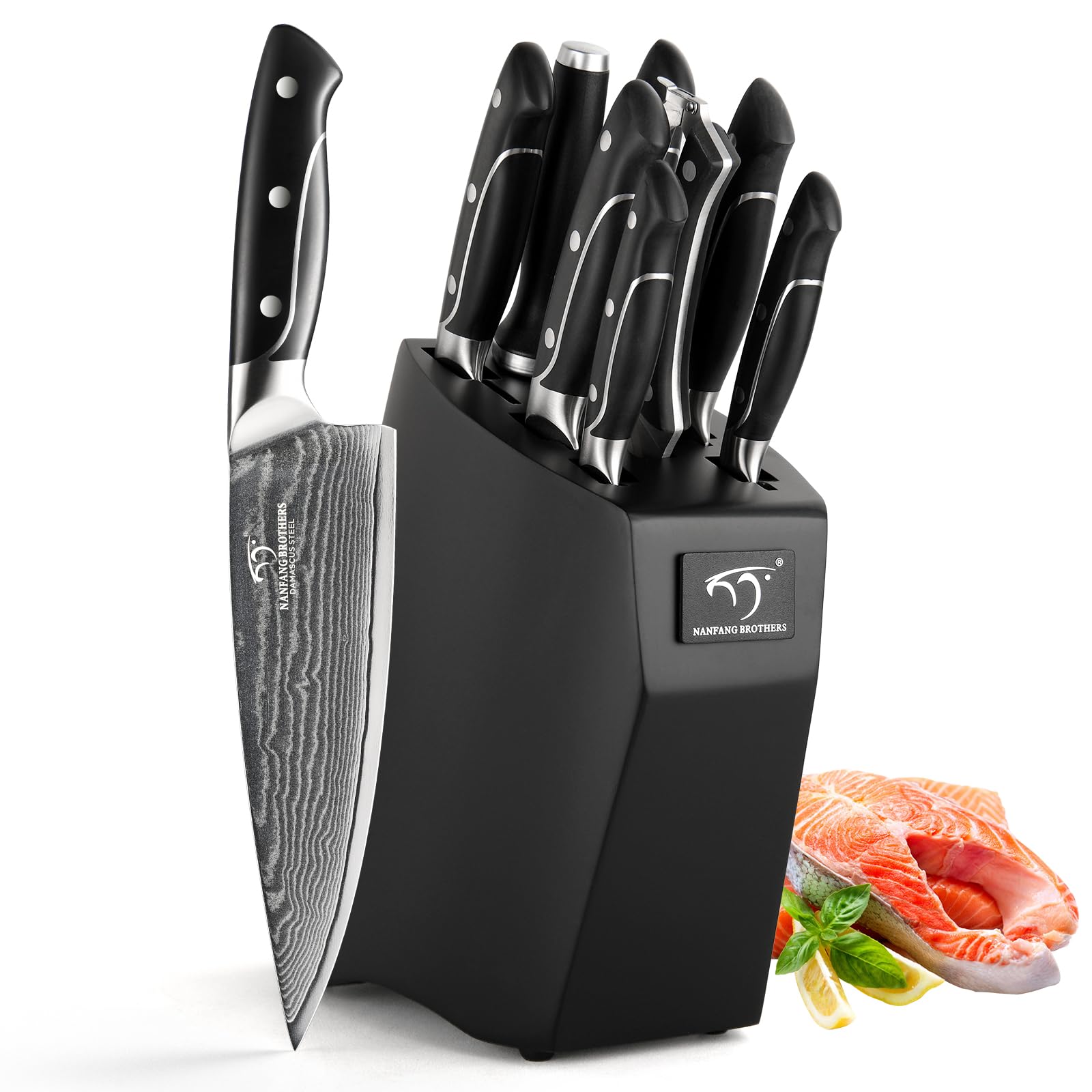 Damascus Kitchen Knife Sets, 9 Pieces Kitchen Knives Set with Block, ABS Ergonomic Handle for Chef Knife Set, Knife Sharpener and Kitchen Shears, Knife Block Set Image