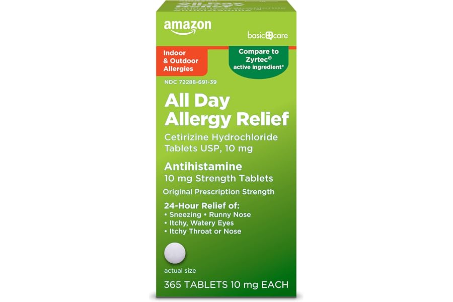 Amazon Basic Care All Day Allergy, Cetirizine Hydrochloride Tablets, 10 mg, 24-Hour Relief for Sneezing, Runny Nose, Itchy Eyes & Throat, Indoor & Outdoor Allergy Relief, 365 Count