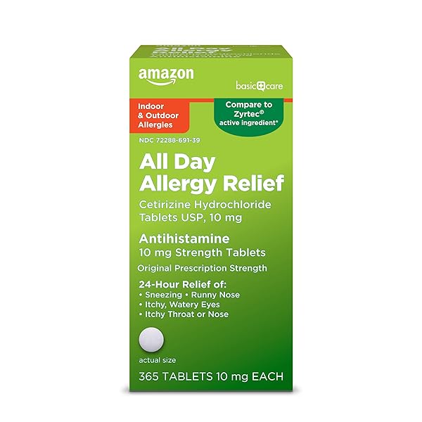 AMAZON BASIC CARE ALL DAY ALLERGY, CETIRIZINE HYDROCHLORIDE TABLETS, ANTIHISTAMINE, 10 MG, 365 COUNT (PACKAGING MAY VARY)