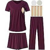 DANSHOW 5 Piece V Neck Maternity Nursing Pajamas Set Postpartum Pjs Breastfeeding Sleepwear, Nursing Breast Pads & Socks