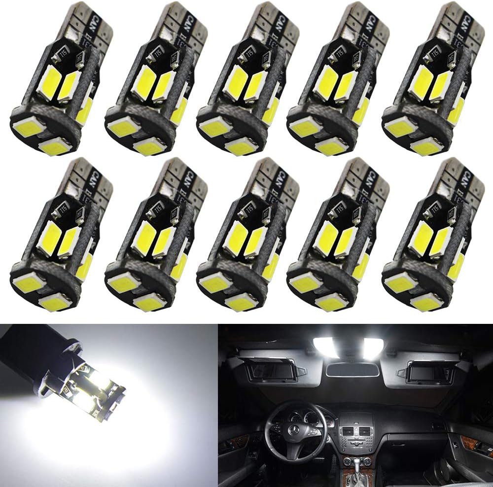 Alopee10-Pack T10 501 W5W LED Bulb White Extremely Bright Canbus Error Free 12V 10-SMD 5730 Chipsets Car Replacement Bulb For Map Dome Courtesy License Plate Side Marker Light