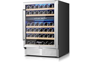 BODEGA Upgraded 24 Inch Wine Cooler Refrigerator 46 Bottle Dual Zone Wine Fridge with Double-Layer Tempered Glass Door and Temperature Memory Function,Built-in or Freestanding