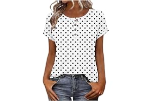 Women's Casual Polka Dot Tee Short Sleeve T-Shirts Crew Neck Soft Button Top Loose Fit Henley Blouse for Women