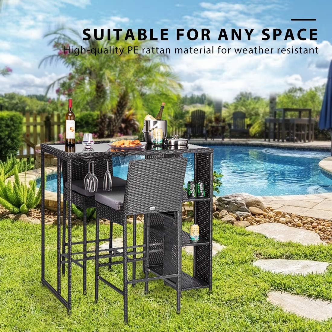 VIVOHOME Outdoor Patio Wicker Bar Table Rattan Counter Furniture with 3 Goblet Holders and 3 Storage Shelves for Lawn Garden Backyard Black: Kitchen & Dining