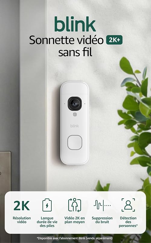Sonnette vidéo 2K+ sans fil (nouvelle génération) | Plan moyen | Audio amélioré | IP65 | Piles longue durée | Configuration facile | Module de synchronisation de base requis (Blanc)
