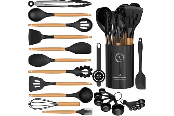Silicone Cooking Utensils Set - Silicone Kitchen Utensils for Cooking Wooden Handles, 446°F Heat Resistant Kitchen Utensil Sp