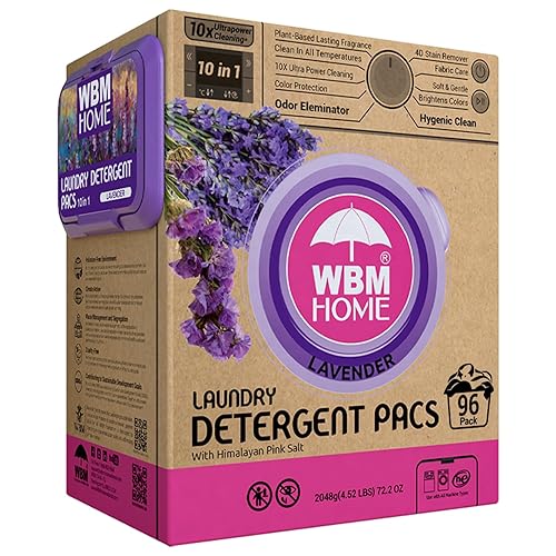 WBM 10-in-1 Laundry Pods with Softener & Scent Booster, 96 Count, High Efficiency (HE), Fabric Softener, Lavender Extracts, Stain Lifter, Eco-Friendly, Gentle, Fresh