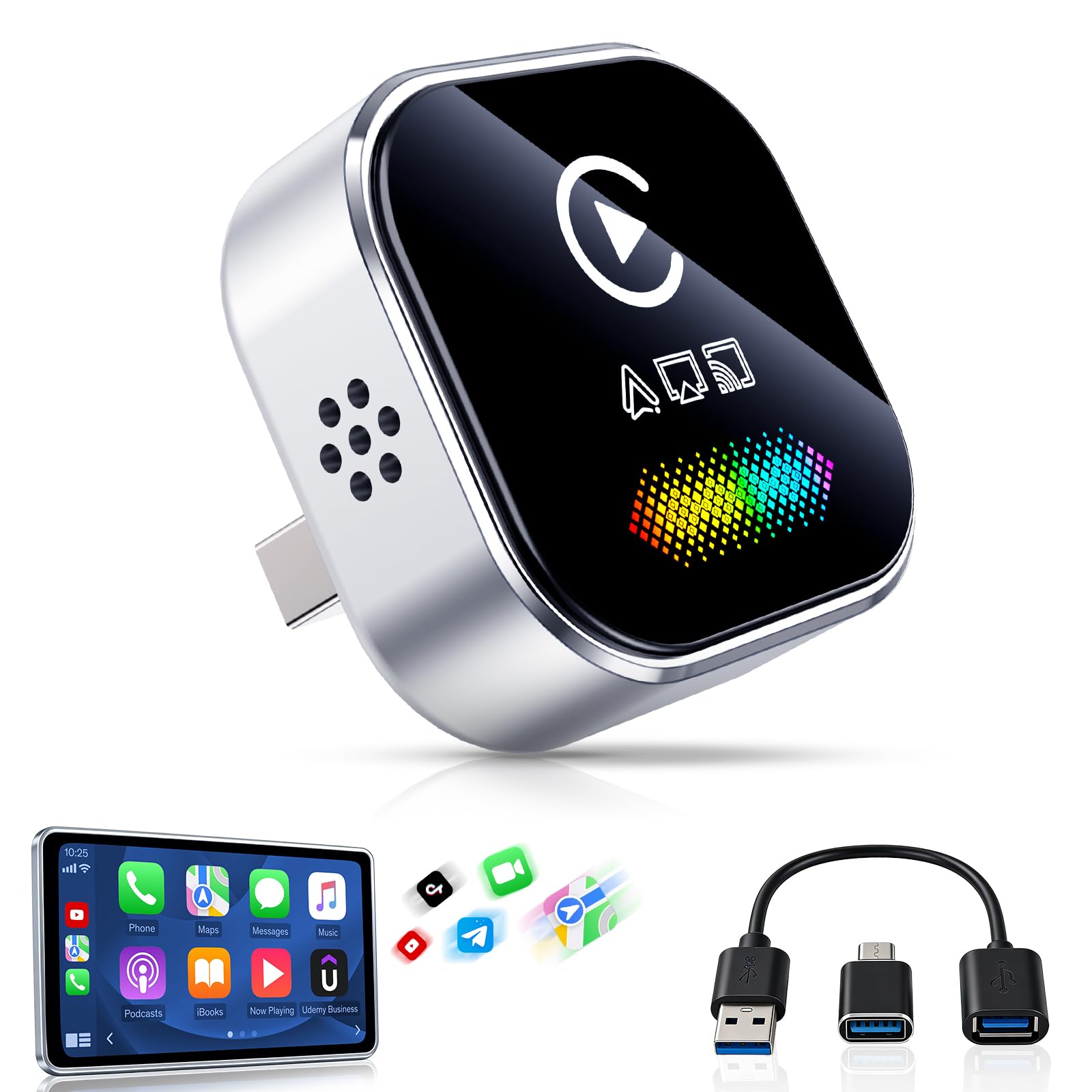 Photo 1 of AQLUCG 4-in-1 Wireless CarPlay & Android Auto Dongle, 5-Second Auto Connect, Low Latency Screen Mirroring.Convert Wired to Wireless for Car,USB A/C (Silver)