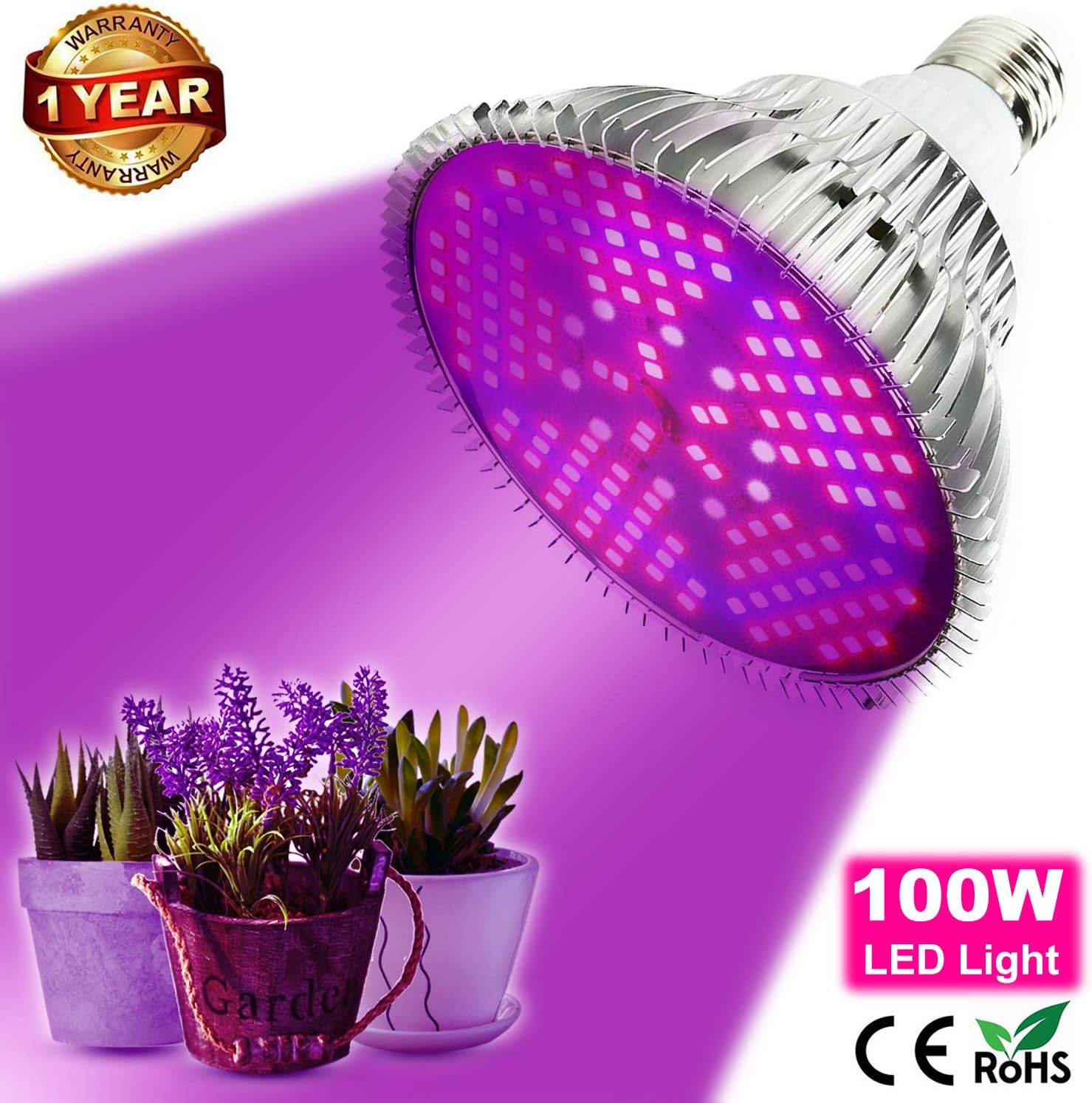 LED Plant Grow Light Bulb Full Spectrum for Indoor Plants Hydroponics Vegetables and Seedlings Growing, Led Plant Bulb for Flower Garden Greenhouse and Organic Soil - 100W E26