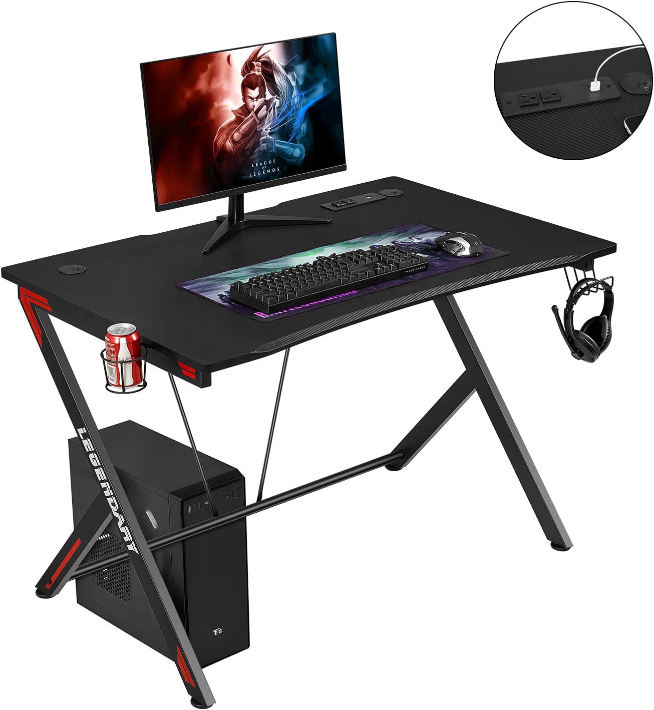 Gaming Desk Racing Style with USB 45.3" W x 29" D Computer Desk for Home Office, Gaming PC Desk Cup Holder and Headphone Hook Gamer Workstation, Black