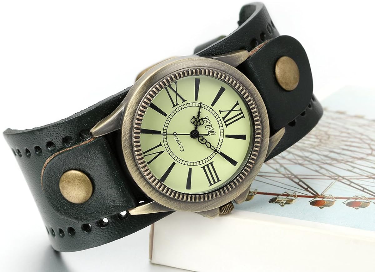 JewelryWe Vintage Leather Strap Wide Band Wristwatch Cuff Quartz Watch for Men - Green - Image 3