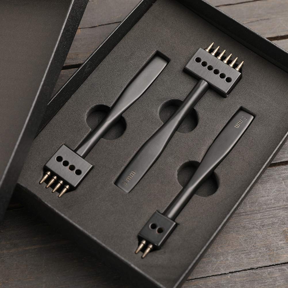 DIUDUS Leather Hole Punch, Prong Punch, Black Hole Punch Tool 5mm, 2/4/6 Lacing Stitching Punch, Round Hole Prong Stitching Chisel Set Leather Working Tools for Leathercraft