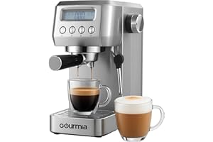 Gourmia Slim Espresso Machine – 20-Bar Pump, LCD Display, Milk Frother, Adjustable Temperature, Manual & Auto Brew for Single/Double Shots, 1350W, Stainless Steel