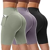 BLUELILY 3 Pack Women's Biker Shorts with Pockets 5" 8" Seamless High Waisted Tummy Control Workout Shorts for Running Gym