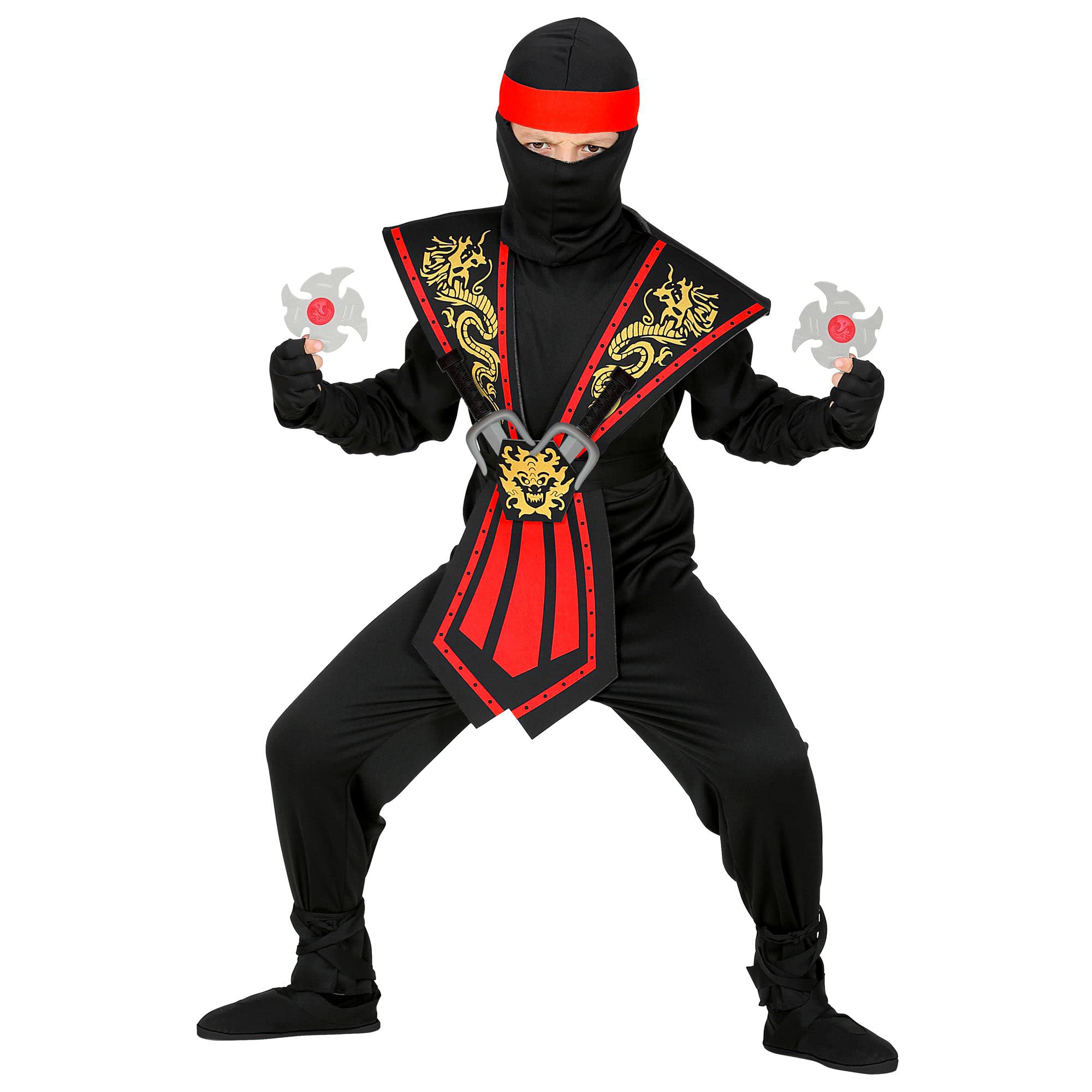 Widmann 38568 Kinderkostüm mit Waffenset Children's Ninja Costume with Weapon Set, Unisex Kids, Black-Red, 158