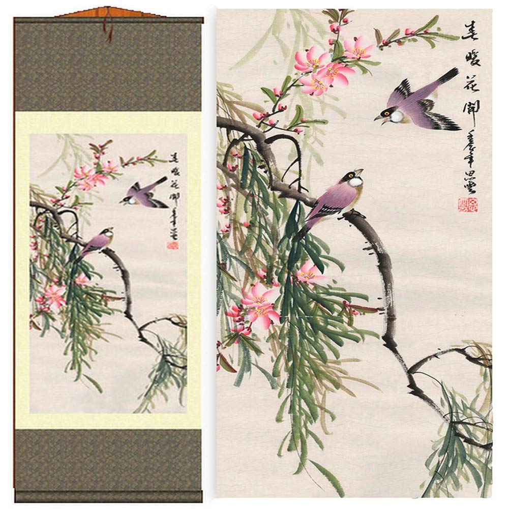AtfArt Asian Wall Decor Beautiful Silk Scroll Painting Birds - Magpie - Spring Blossoms Oriental Decor Chinese Art Wall Scroll Wall Hanging Painting Scroll (36.2 x 12 in)