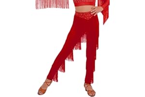 Sinleey Kids Girls Tassel Latin Dance Pants Elastic Waist Fringe Practice Trousers for Tango Rumba Cha Cha Salsa