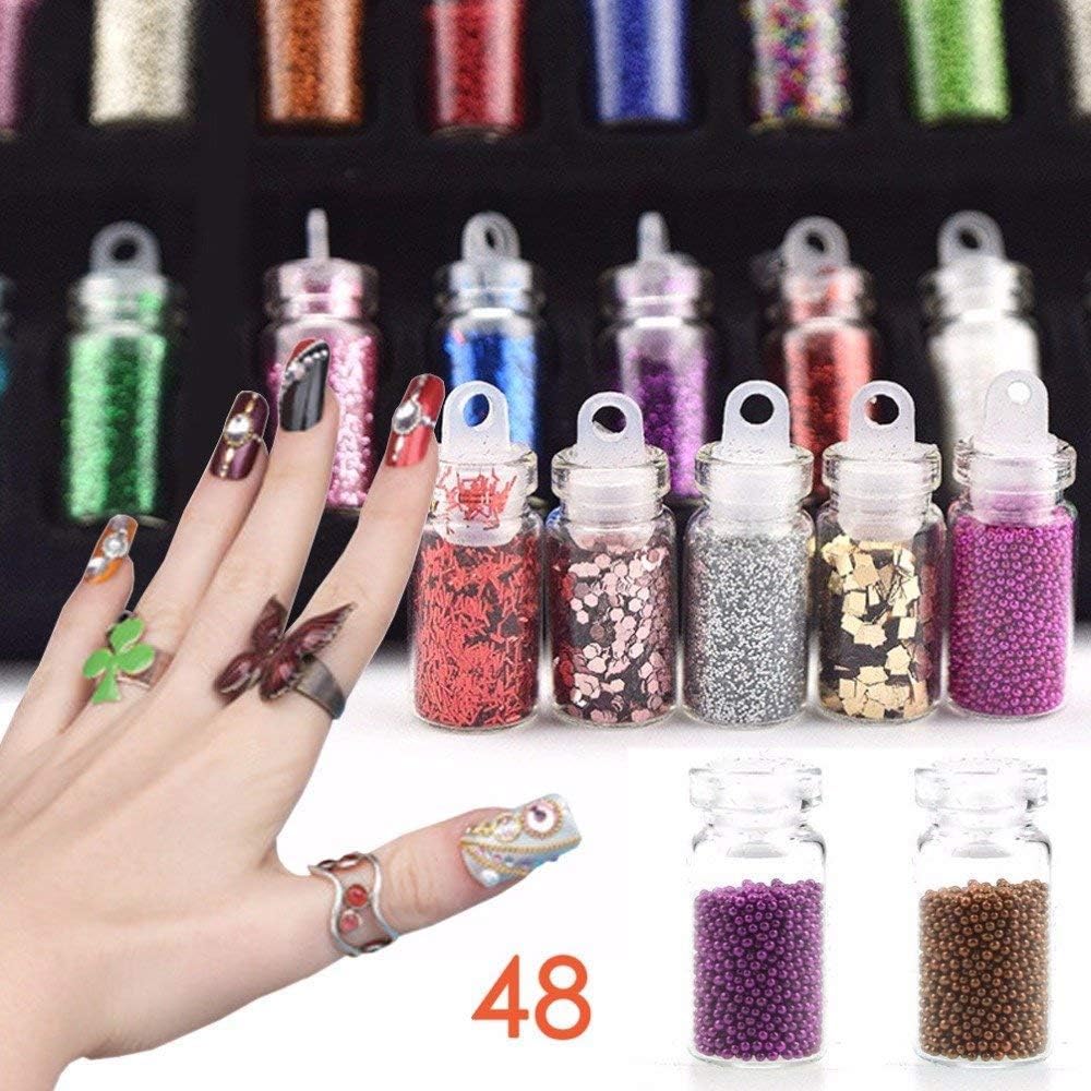 Fameza 12 �Bottles Glass 3D Nail Art Set Decoration Tool, Glitter Powder Rhinestone Sequins (Mixed Colors)