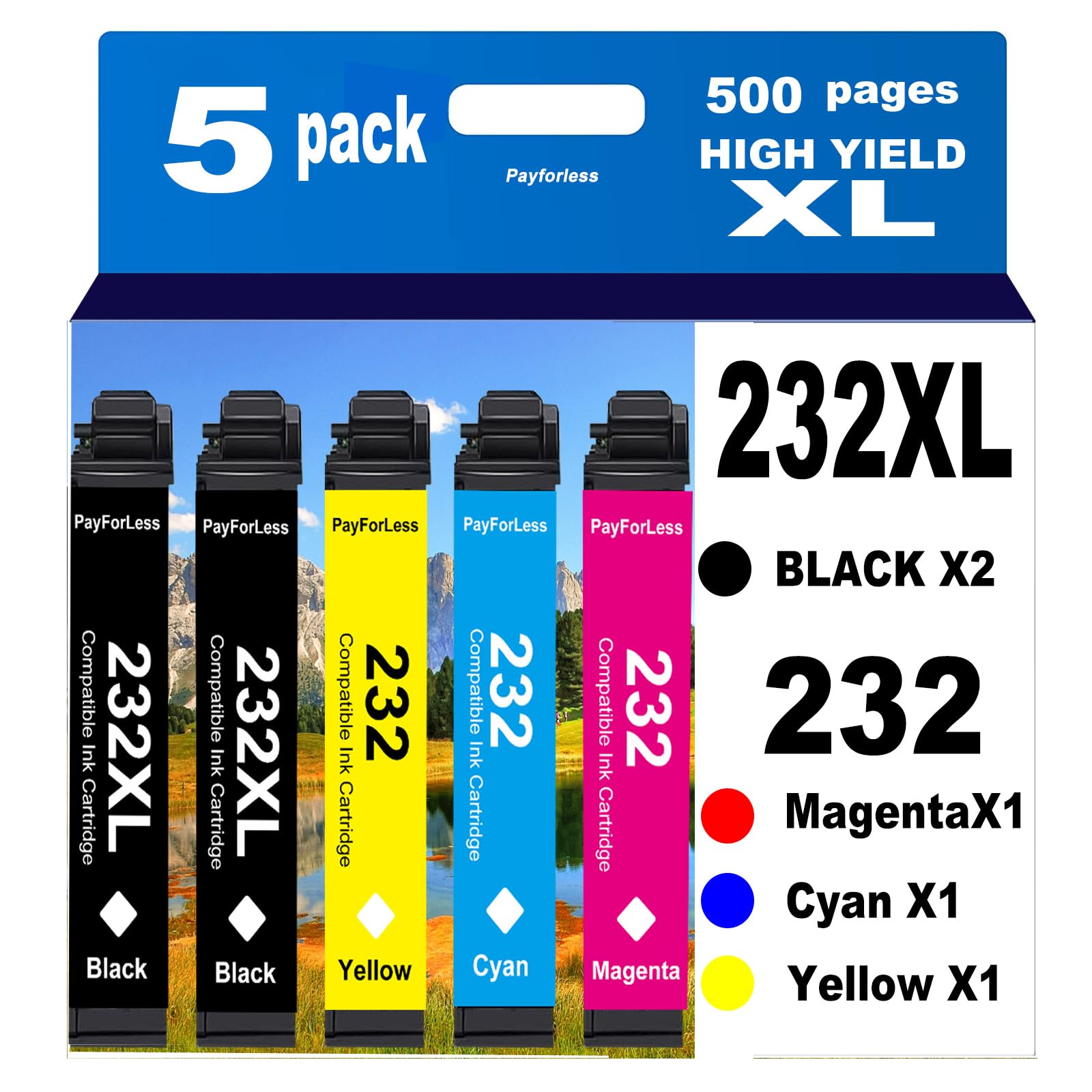 Photo 1 of 232XL Remanufactured for Epson 232XL Ink Cartridges Combo Pack 232 XL T232XL for XP-4200 XP-4205 Workforce WF-2930 WF-2950 Printer 5 Pack 2 Black 1 Cyan 1 Magenta 1 Yellow