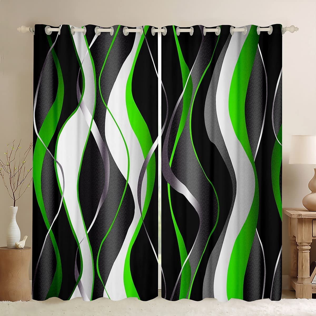 Loussiesd Green Grey Black Curtains Geometric Spiral Window Drapes for Kids Boys Girls Abstract Art Blackout Curtain Modern Luxury Window Treatments W52*L90 — image 1