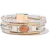 FANCY SHINY Leather Wrap Bracelets Crystal Beads Bracelet Boho Cuff Stone Charm Bracelets with Clasp Costume Jewelry for Women