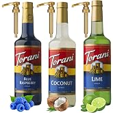 Torani Lime, Coconut &amp; Blue Raspberry | Dirty Soda Syrup 3-Pack | Includes 3 syrup pumps. Lime, Coconut &amp; Blue Raspberry for citrus-bright dirty sodas, lemonade &amp; sparkling drinks.