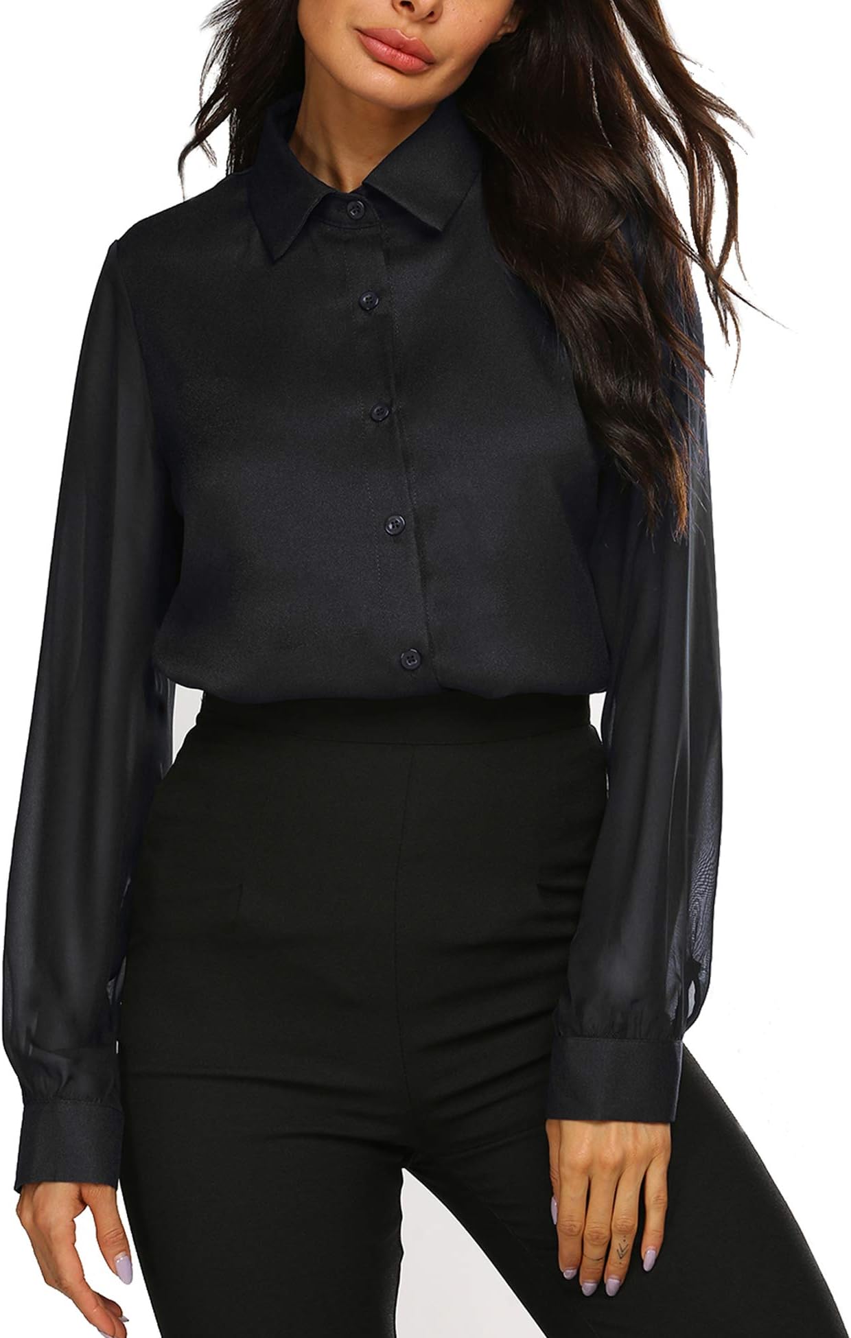 Womens Blouses Bow Tie Neck Long Sleeve Office Work Chiffon Elegant Patchwork Casual Button Down Shirts
