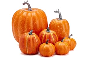 LULU DEER 7Pcs Artificial Pumpkins of all Styles Halloween Decoration Rural Style Farmhouse Foam Pumpkin Harvest Season Thanksgiving Day is Suitable for Table top House Dining Table Party Decoration (Orange)